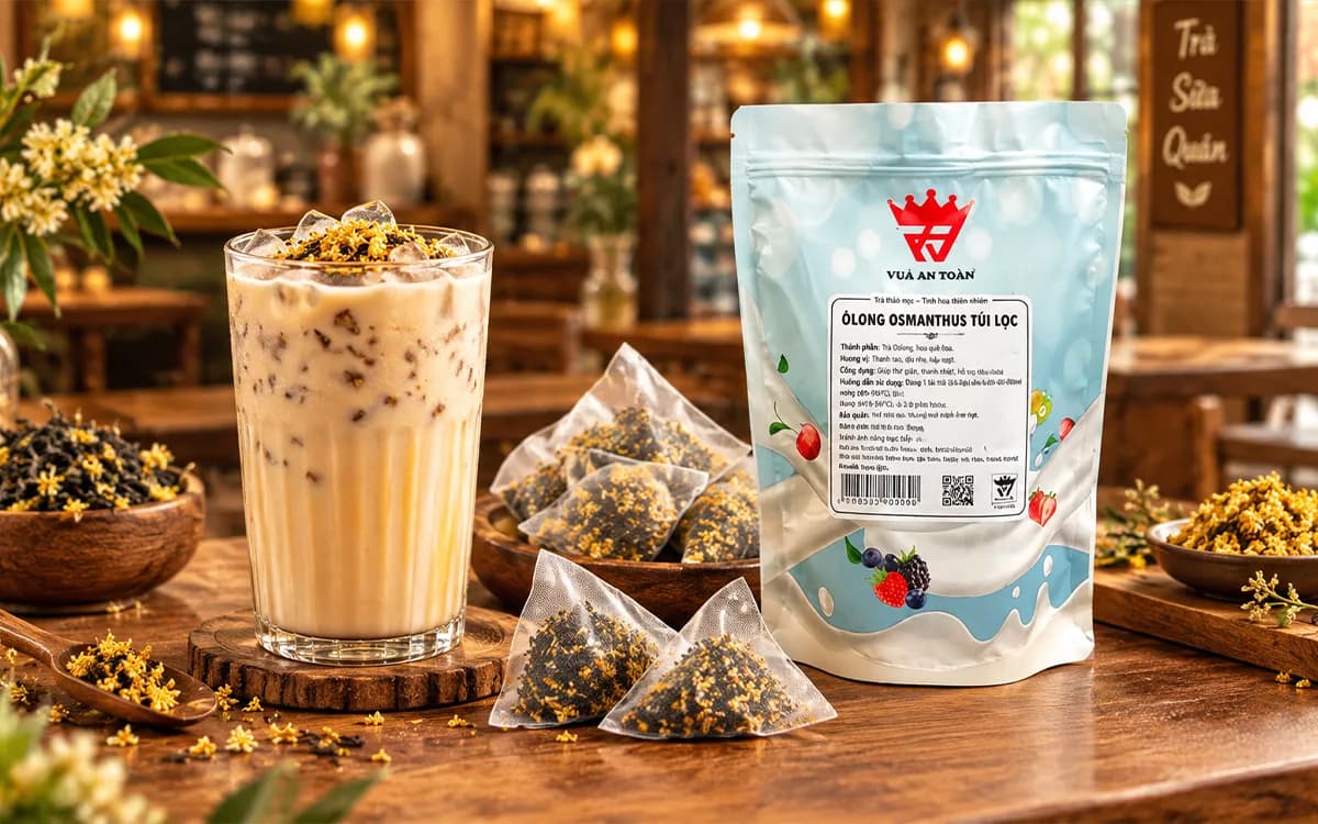 Chụp ảnh thương mại quảng cáo cao cấp (Hero Commercial Ad) giới thiệu bộ sưu tập trà Wecha chuyên dành cho quán trà sữa: . Hiển thị bao bì túi zip kraft Wecha chính hãng kèm chén trà pha sẵn và lá trà khô trên khay gỗ mộc sang trọng.