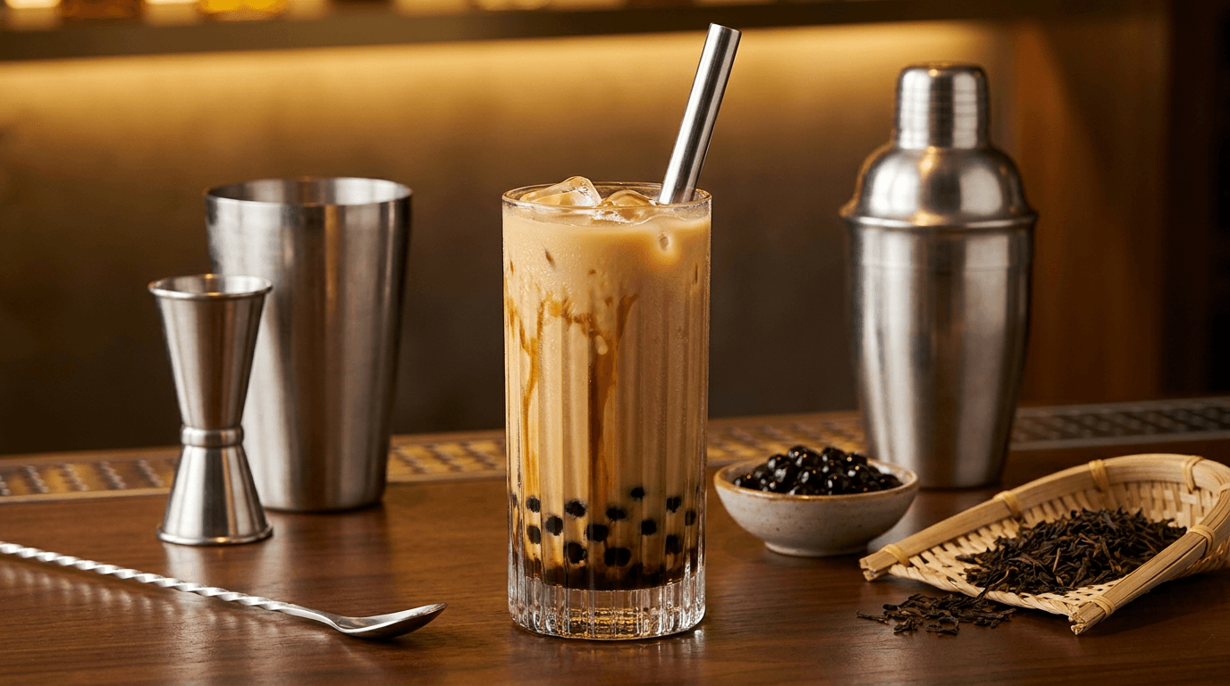 Ảnh chụp thương mại quảng cáo ẩm thực cao cấp (Hero Commercial Food Photography) ly đồ uống thành phẩm Trà Sữa Truyền Thống Đậm Vị hoàn chỉnh tuyệt đẹp đặt trên quầy bar quán trà sữa sang trọng: ly thủy tinh cao dáng vân sọc đọng sương đá lạnh mát rượi, cắm ống hút trân châu chuyên dụng, nước trà sữ