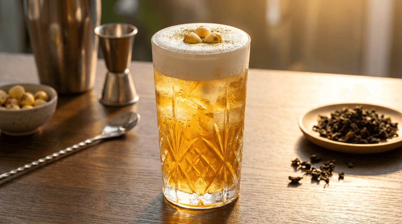 Ảnh chụp thương mại quảng cáo ẩm thực cao cấp (Hero Commercial Food Photography) ly đồ uống thành phẩm cách ủ trà lạnh kinh doanh hoàn chỉnh tuyệt đẹp đặt trên quầy bar quán cafe/trà sữa sang trọng: ly thủy tinh trong suốt đọng sương đá lạnh mát rượi, nước trà màu vàng óng/hổ phách trong trẻo lấp lá
