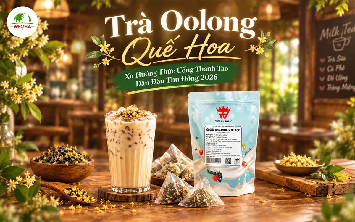 Chụp ảnh thương mại quảng cáo cao cấp (Hero Commercial Ad) giới thiệu bộ sưu tập trà Wecha chuyên dành cho quán trà sữa: . Hiển thị bao bì túi zip kraft Wecha chính hãng kèm chén trà pha sẵn và lá trà khô trên khay gỗ mộc sang trọng.