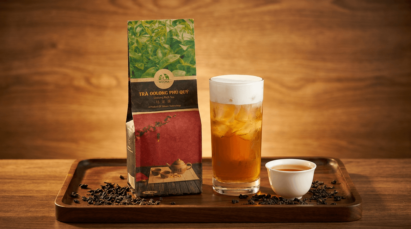 Chụp ảnh thương mại quảng cáo cao cấp (Hero Commercial Ad) giới thiệu sản phẩm Trà Ô Long WECHA chính hãng (olong-phu-quy-wecha-500g - bao bì túi kraft Wecha cao cấp đúng chuẩn Trà Ô Long) đặt trên khay gỗ sang trọng, bên cạnh ly đồ uống thành phẩm được hoàn thiện tinh tế đầy đặn tầng lớp, chén nước