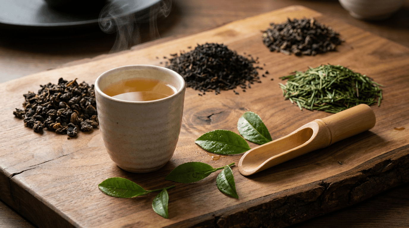 Chụp ảnh thương mại quảng cáo cao cấp (Hero Commercial Ad) giới thiệu bộ sưu tập trà Wecha chuyên dành cho quán trà sữa: . Hiển thị bao bì túi zip kraft Wecha chính hãng kèm chén trà pha sẵn và lá trà khô trên khay gỗ mộc sang trọng.
