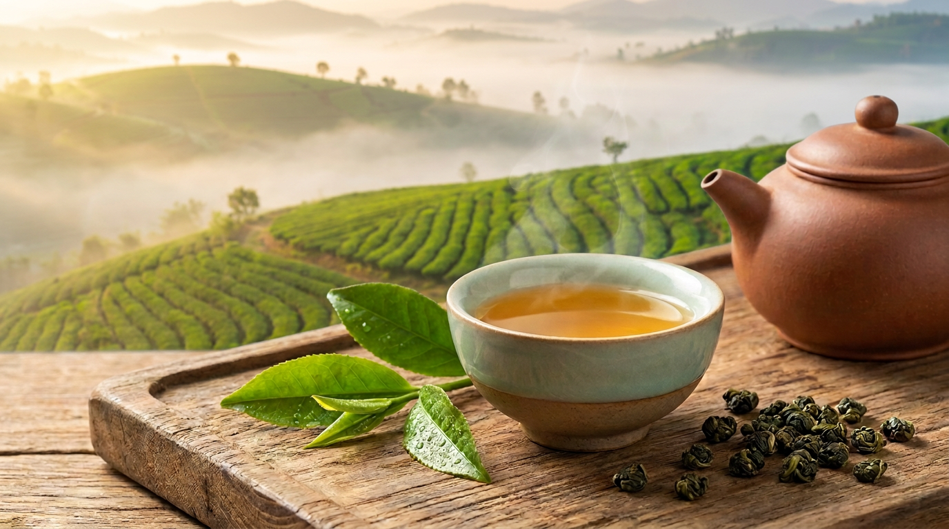 Khung cảnh đồi chè Ô Long bát ngát trong sương sớm tượng trưng cho hành trình giao lưu văn hóa và phát triển trà Ô Long