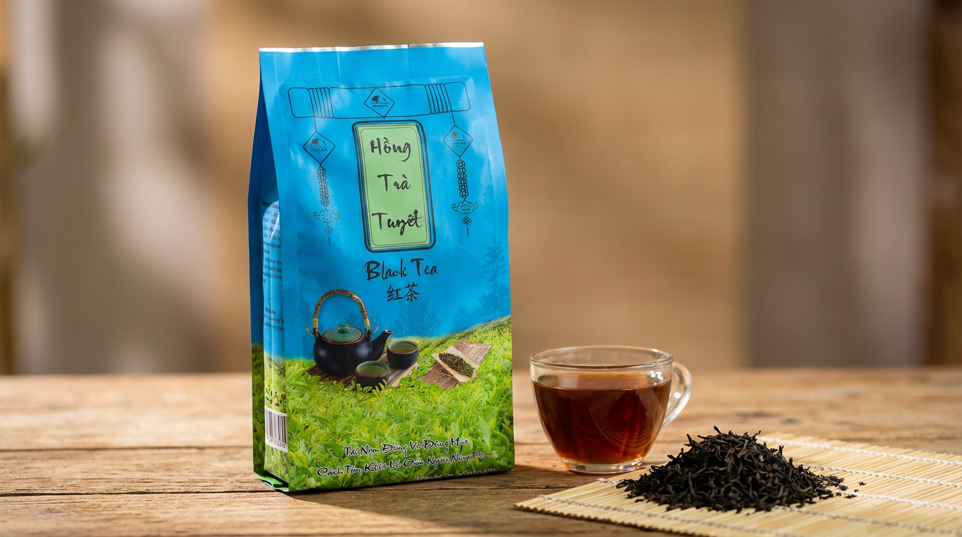 Ảnh chụp thương mại cận cảnh gói Trà WECHA chính hãng (olong-phu-quy-wecha-500g - bao bì túi kraft Wecha cao cấp) được mở nhẹ hé lộ những búp trà sấy hương thơm tự nhiên, bên cạnh chén trà thử nếm (cupping cup) chuyên nghiệp của chuyên gia R&D.