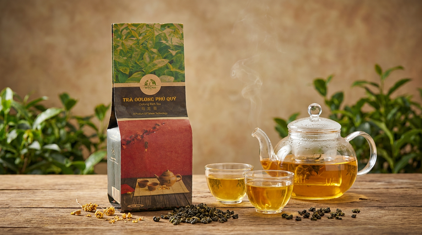 Ảnh chụp thương mại quảng cáo ẩm thực gói sản phẩm chính hãng Trà Ô Long WECHA Chính Hãng đặt cạnh ly đồ uống thành phẩm xu hướng trà sữa healthy trên quầy bar gỗ mộc sang trọng cùng dụng cụ pha chế chuyên nghiệp.