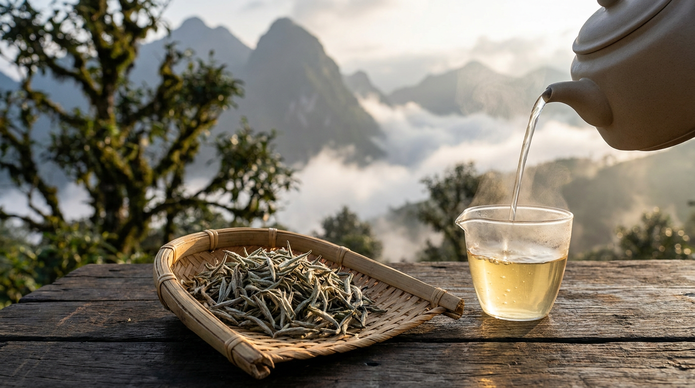 Ảnh phong cảnh thiên nhiên, quy trình ủ trà mộc mạc, thao tác quầy bar thực tế, ly đồ uống trang trí đẹp mắt, dụng cụ pha chế không in logo giả. Minh họa cho: 2. Bạch Trà Shan Tuyết Cổ Thụ WECHA Khác Biệt Như Thế Nào So Với Trà Búp Trồng Đồng Bằng?