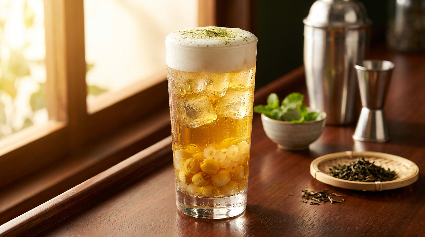 Ảnh chụp thương mại quảng cáo ẩm thực cao cấp (Hero Commercial Food Photography) ly đồ uống thành phẩm xu hướng trà sữa healthy hoàn chỉnh tuyệt đẹp đặt trên quầy bar quán cafe/trà sữa sang trọng: ly thủy tinh trong suốt đọng sương đá lạnh mát rượi, nước trà màu vàng óng/hổ phách trong trẻo lấp lánh dưới ánh nắng, lớp kem cheese / milk foam béo ngậy dày 1.5 - 2cm trắng mịn bồng bềnh phủ trên bề mặt, topping đặc trưng của món xu hướng trà sữa healthy (hạt sen vàng óng bùi dẻo, hoặc trân châu/thạch), rắc nhẹ bột matcha trang trí tinh tế. Xung quanh quầy bar gỗ mộc có các dụng cụ quầy bar (jigger, shaker, muỗng khuấy bar), chén nhỏ đựng topping tươi và đĩa tre nhỏ đựng búp trà khô Trà Ô Long. Bố cục studio sang trọng, ánh sáng ấm áp, tôn vinh trọn vẹn sự thơm ngon mát lạnh và đẳng cấp thương mại của ly xu hướng trà sữa healthy. BẮT BUỘC mô tả đúng ly đồ uống theo tiêu đề: xu hướng trà sữa healthy.