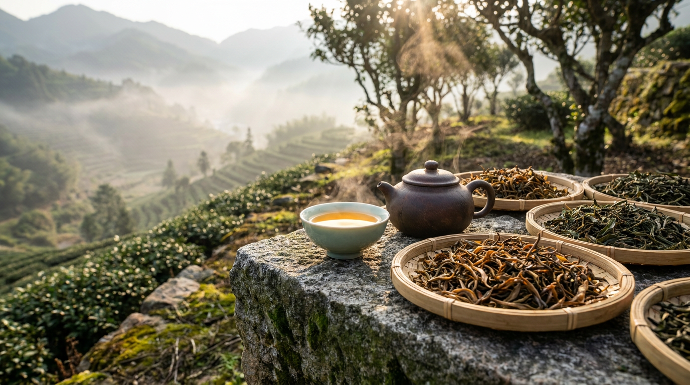 Ảnh phong cảnh thiên nhiên, quy trình ủ trà mộc mạc, dụng cụ pha chế không in logo giả. Minh họa cho: 4. Đòn bẩy định vị thương hiệu và gia tăng biên lợi nhuận