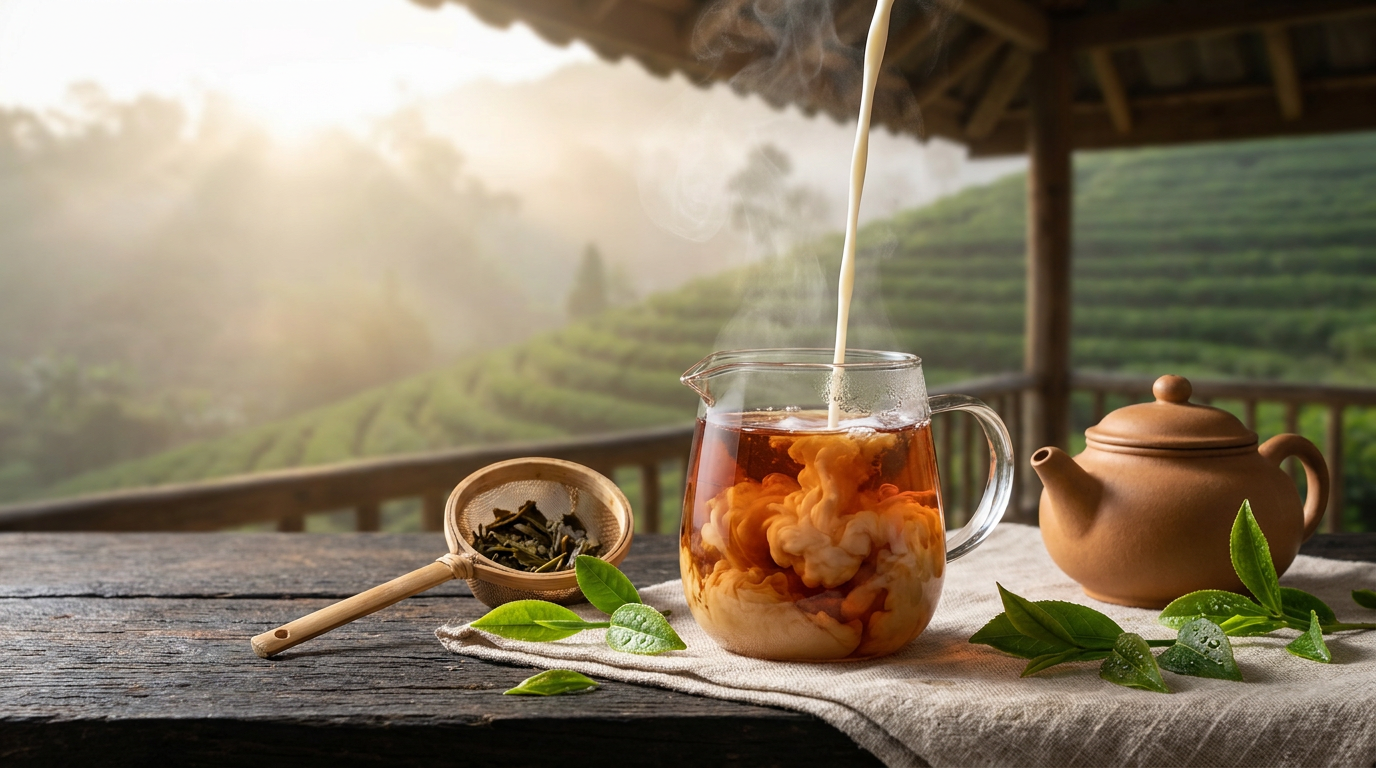 Ảnh phong cảnh thiên nhiên, quy trình ủ trà mộc mạc, dụng cụ pha chế không in logo giả. Minh họa cho: 3. Quy Trình Pha Chế Tối Ưu Cân Bằng 