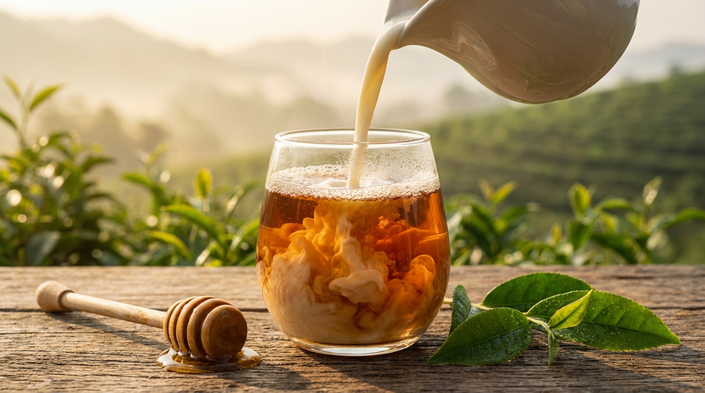 Smooth milk emulsification swirling into dense black tea base