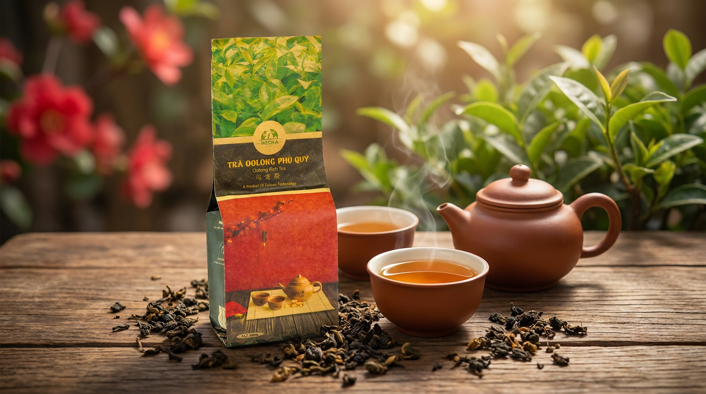 Ảnh chụp thương mại cận cảnh gói Trà Ô Long WECHA chính hãng (olong-phu-quy-wecha-500g - bao bì túi kraft Wecha cao cấp đúng chuẩn Trà Ô Long) được mở nhẹ hé lộ những búp trà sấy mộc thơm ngát, bên cạnh chén nước cốt trà chiết xuất đậm đặc sánh màu hổ phách và dụng cụ ủ trà quầy bar chuyên nghiệp. TUYỆT ĐỐI KHÔNG xuất hiện bao bì của loại trà khác.