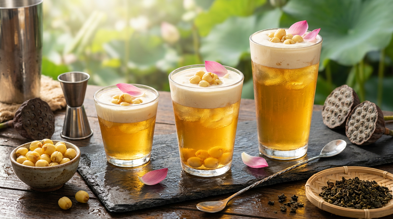 Ảnh phong cảnh thiên nhiên, quy trình ủ trà mộc mạc, thao tác quầy bar thực tế, ly đồ uống trang trí đẹp mắt, dụng cụ pha chế không in logo giả. Minh họa cho: 3. Bảng Định Lượng Công Thức Trà Sen Vàng 3 Size Chuẩn Kinh Doanh (Size S, M, L)