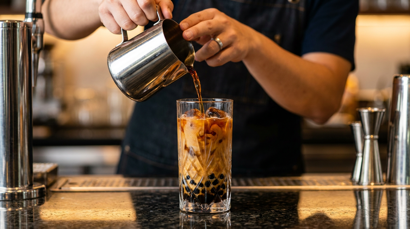 Kỹ thuật chiết xuất cốt trà mộc của barista chuyên nghiệp tại quầy bar F&B