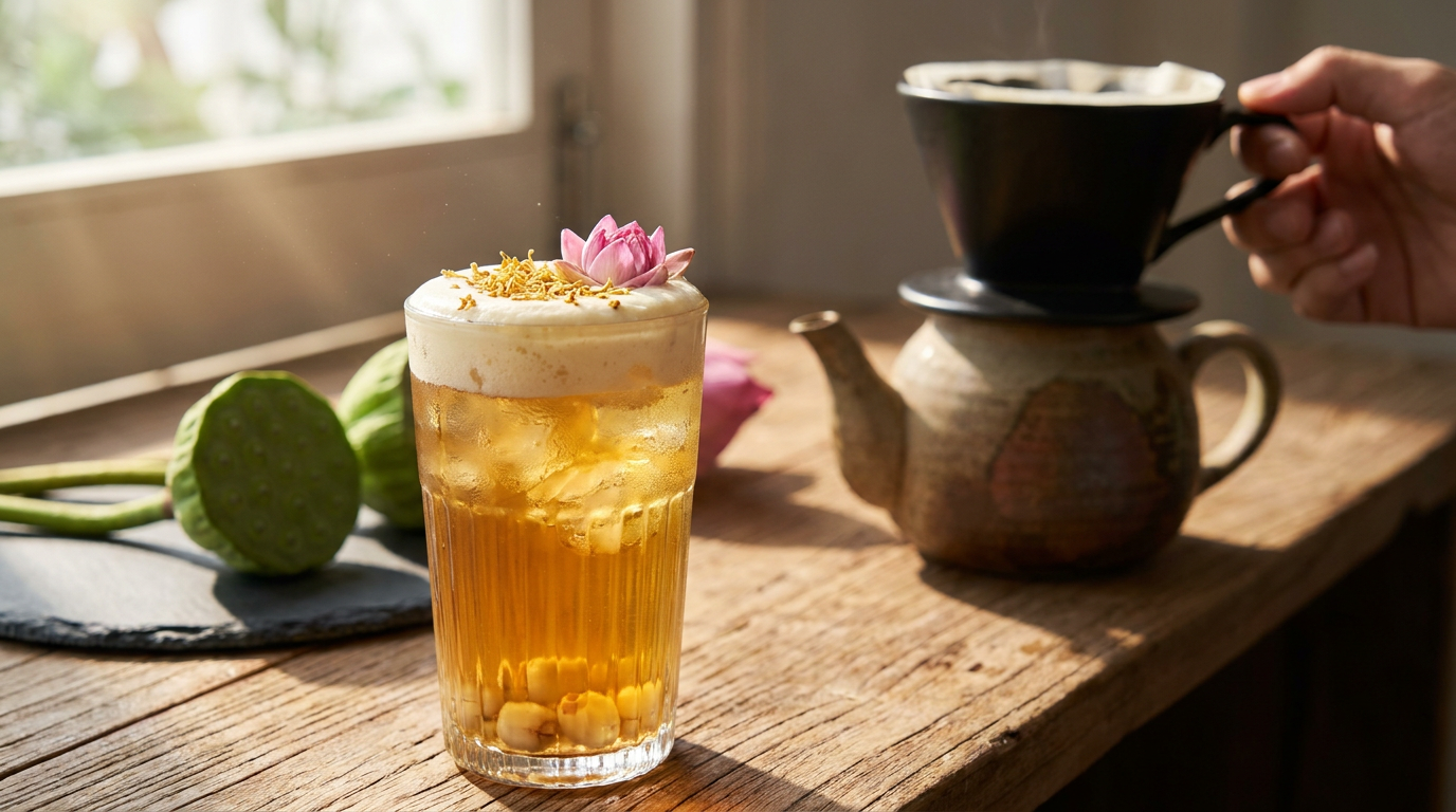 Ảnh phong cảnh thiên nhiên, quy trình ủ trà mộc mạc, thao tác quầy bar thực tế, ly đồ uống trang trí đẹp mắt, dụng cụ pha chế không in logo giả. Minh họa cho: 5. Tiêu Chuẩn Đánh Giá Cảm Quan & Mẹo Xử Lý Lỗi Pha Trà Sen Vàng Bị Tách Lớp Hay Nhạt Vị Là Gì?