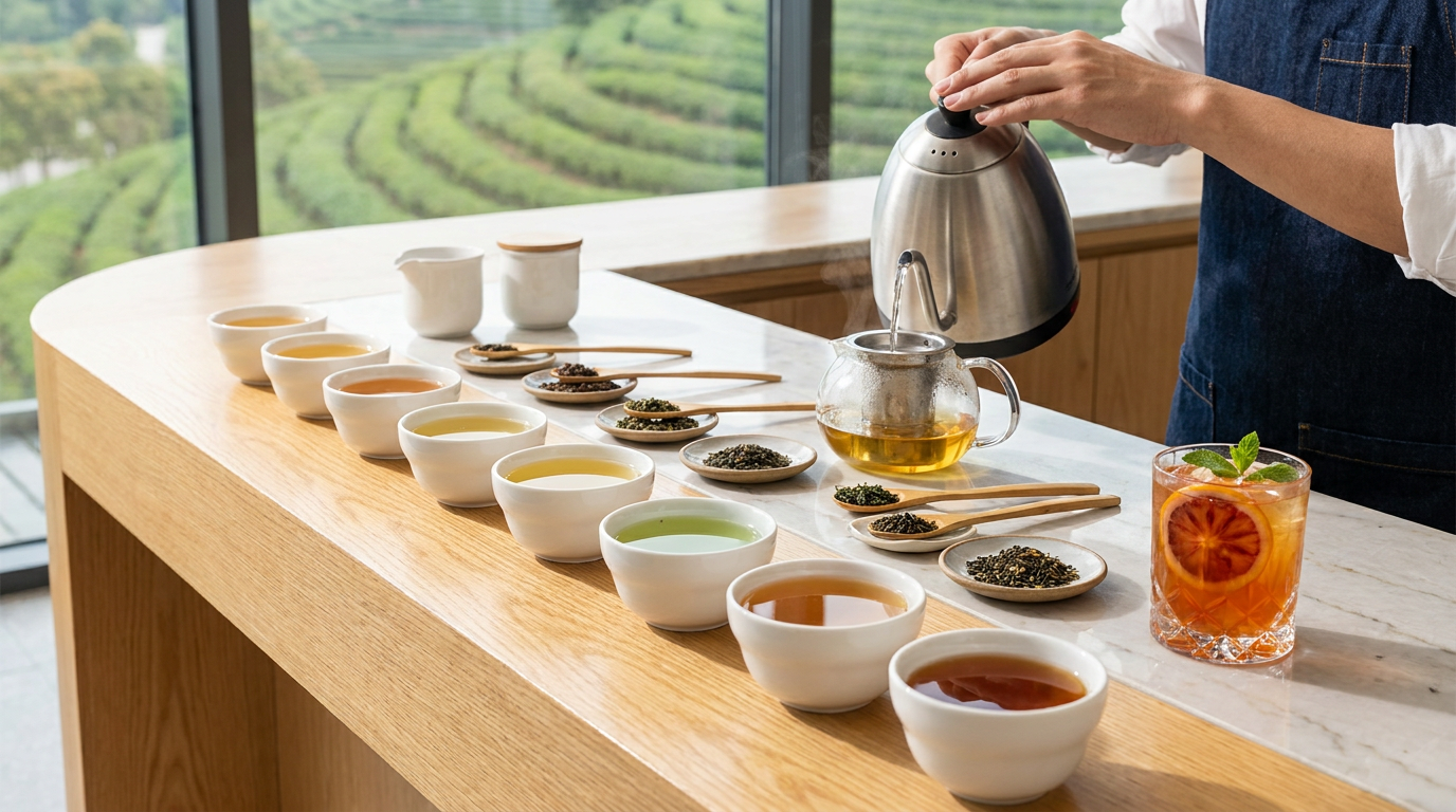 Ảnh phong cảnh thiên nhiên, quy trình ủ trà mộc mạc, thao tác quầy bar thực tế, ly đồ uống trang trí đẹp mắt, dụng cụ pha chế không in logo giả. Minh họa cho: 6. Đăng Ký Nhận Mẫu Thử Trà Cho Quán F&B & Tải Bảng Giá Sỉ Trà WECHA 2026 (.PDF)