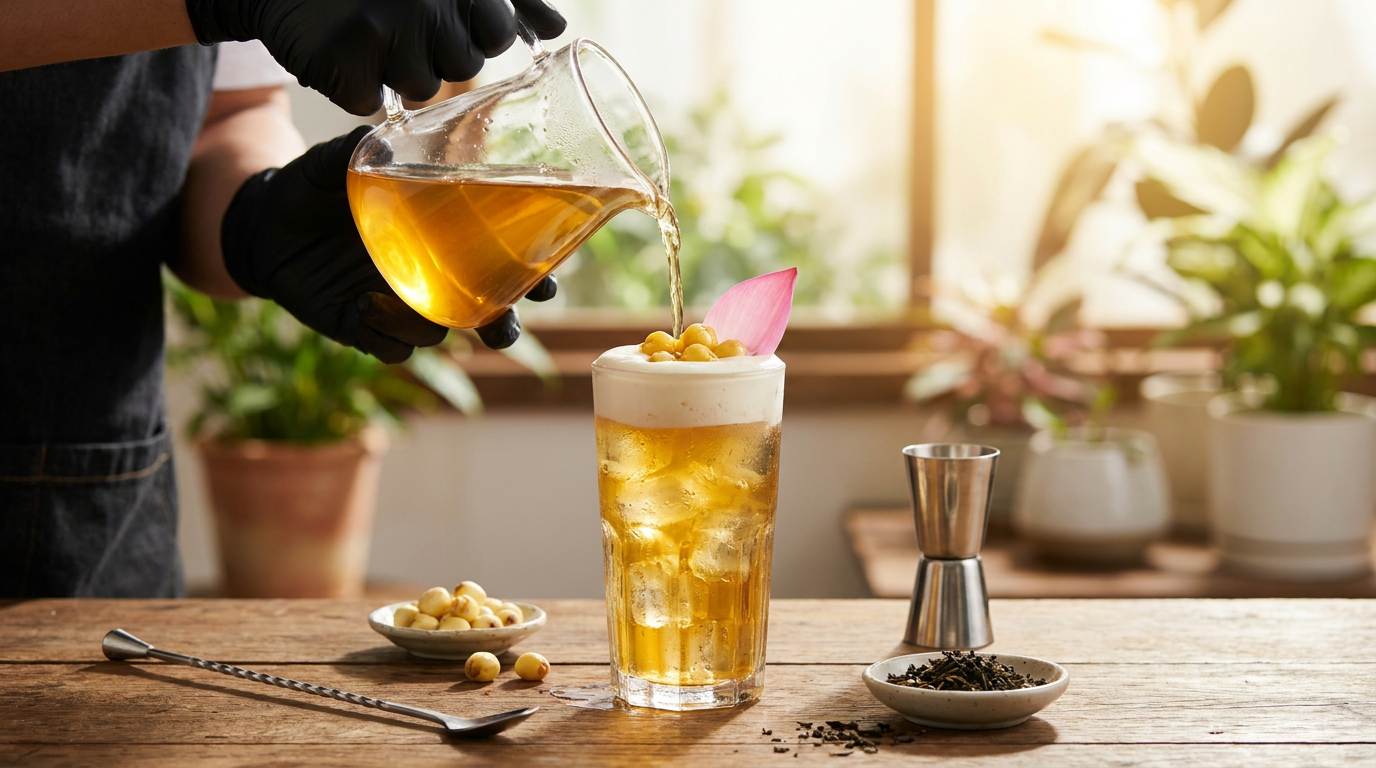 Ảnh phong cảnh thiên nhiên, quy trình ủ trà mộc mạc, thao tác quầy bar thực tế, ly đồ uống trang trí đẹp mắt, dụng cụ pha chế không in logo giả. Minh họa cho: 4. Quy Trình 5 Bước Thao Tác Quầy Bar Hoàn Thiện Ly Trà Sen Vàng Dưới 60 Giây