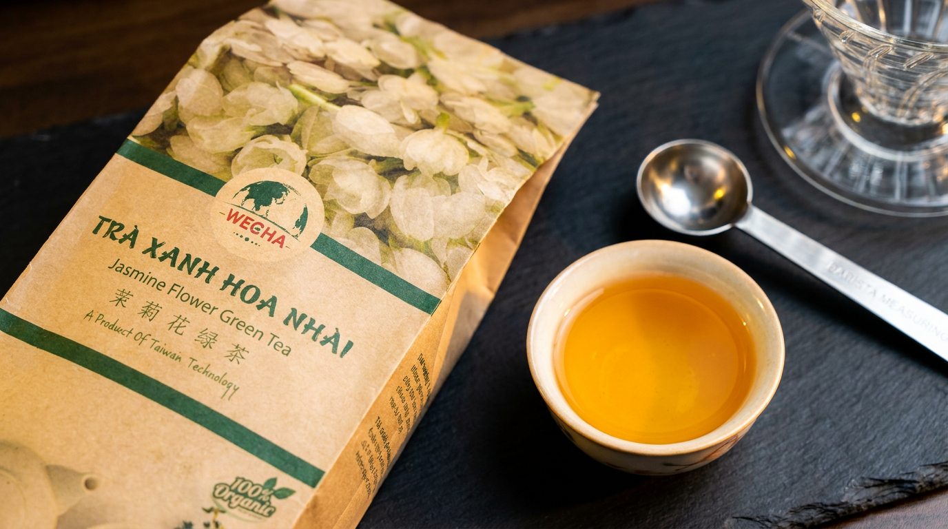 Ảnh chụp thương mại cận cảnh gói Lục Trà / Trà Xanh WECHA chính hãng (tra-xanh-hoa-nhai-wecha-500g - bao bì túi kraft Wecha cao cấp đúng chuẩn Lục Trà / Trà Xanh) được mở nhẹ hé lộ những búp trà sấy mộc thơm ngát, bên cạnh chén nước cốt trà chiết xuất đậm đặc sánh màu hổ phách và dụng cụ ủ trà quầy bar chuyên nghiệp. TUYỆT ĐỐI KHÔNG xuất hiện bao bì của loại trà khác.