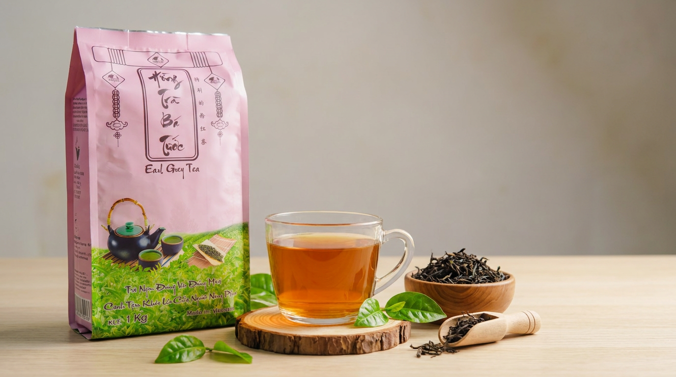 Chụp ảnh thương mại quảng cáo cao cấp (Hero Commercial Ad) giới thiệu bộ sưu tập trà Wecha chuyên dành cho quán trà sữa: hong-tra-ba-tuoc, tra-ba-tuoc. Hiển thị bao bì túi zip kraft Wecha chính hãng kèm chén trà pha sẵn và lá trà khô trên khay gỗ mộc sang trọng.