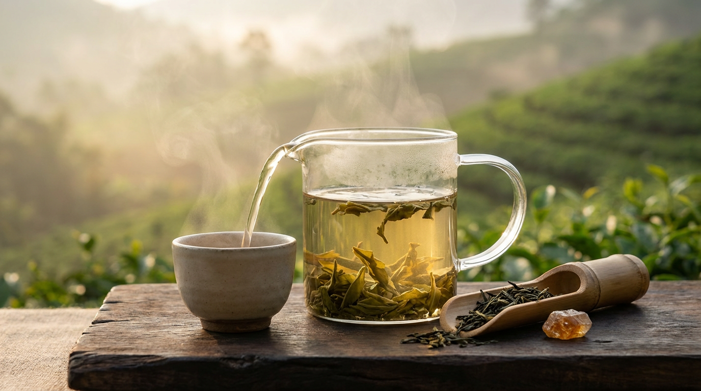 Ảnh phong cảnh thiên nhiên, quy trình ủ trà mộc mạc, dụng cụ pha chế không in logo giả. Minh họa cho: 4. Công thức pha chế chuẩn vị WECHA không dùng mật ong