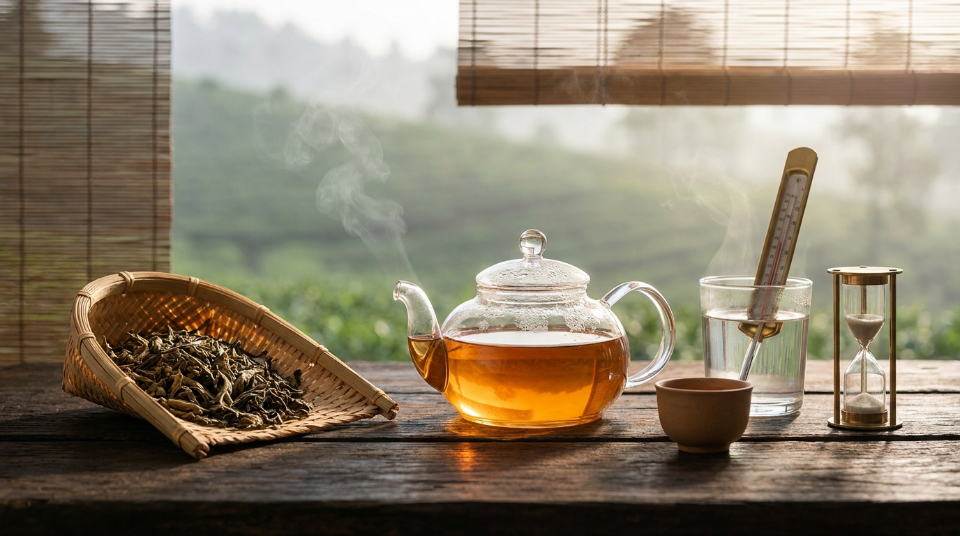 Ảnh phong cảnh thiên nhiên, quy trình ủ trà mộc mạc, dụng cụ pha chế không in logo giả. Minh họa cho: 3. Bảng thông số kỹ thuật ủ trà tiêu chuẩn WECHA
