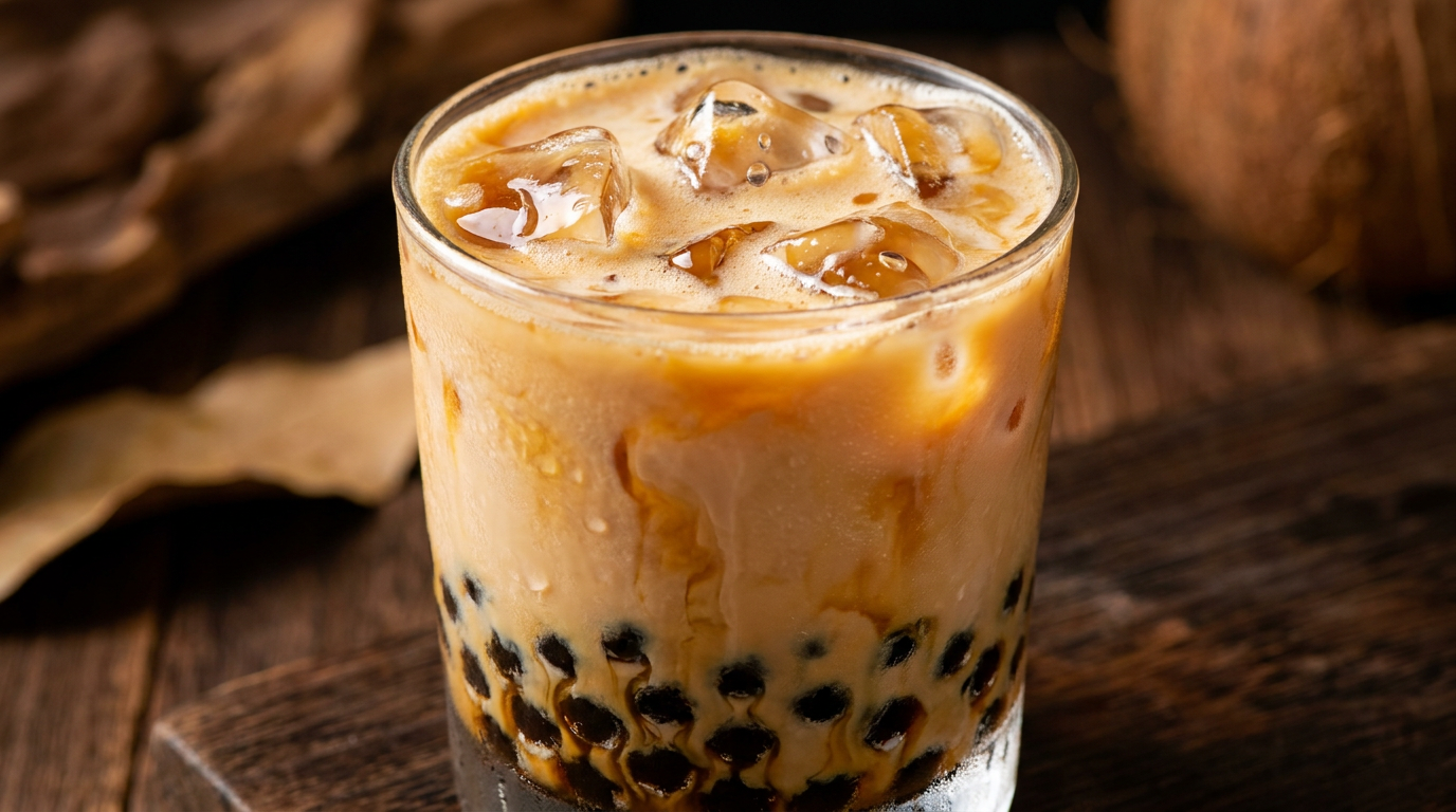 Cận cảnh ly trà sữa đậm vị trà mộc cổ thụ sánh mịn quyện cùng trân châu đường đen dẻo dai