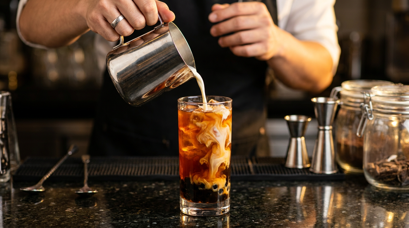 Kỹ thuật ủ cốt trà cổ thụ và thao tác pha chế trà sữa đậm đà tại quầy bar F&B