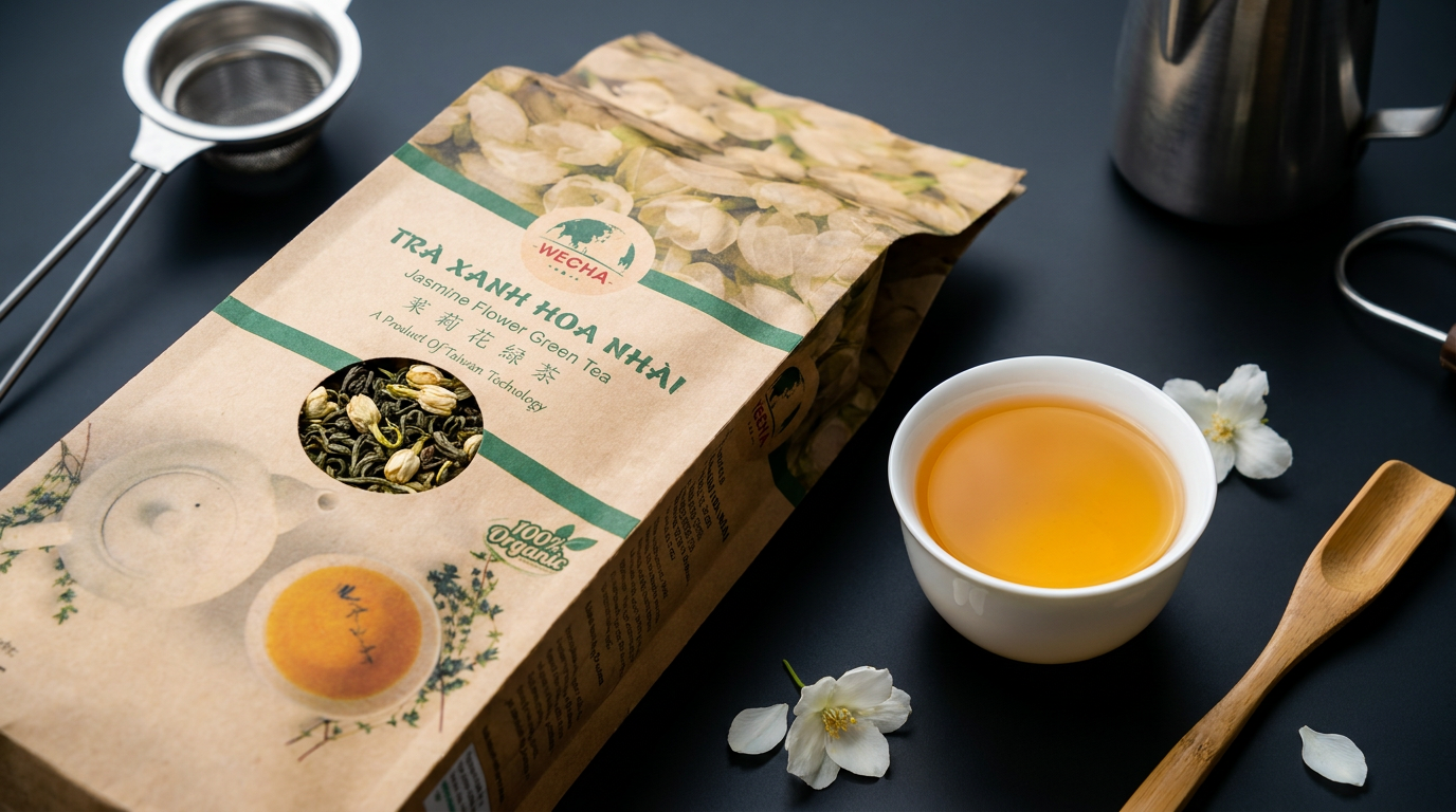 Ảnh chụp thương mại cận cảnh gói Lục Trà / Trà Xanh WECHA chính hãng (tra-xanh-hoa-nhai-wecha-500g - bao bì túi kraft Wecha cao cấp đúng chuẩn Lục Trà / Trà Xanh) được mở nhẹ hé lộ những búp trà sấy mộc thơm ngát, bên cạnh chén nước cốt trà chiết xuất đậm đặc sánh màu hổ phách và dụng cụ ủ trà quầy bar chuyên nghiệp. TUYỆT ĐỐI KHÔNG xuất hiện bao bì của loại trà khác.