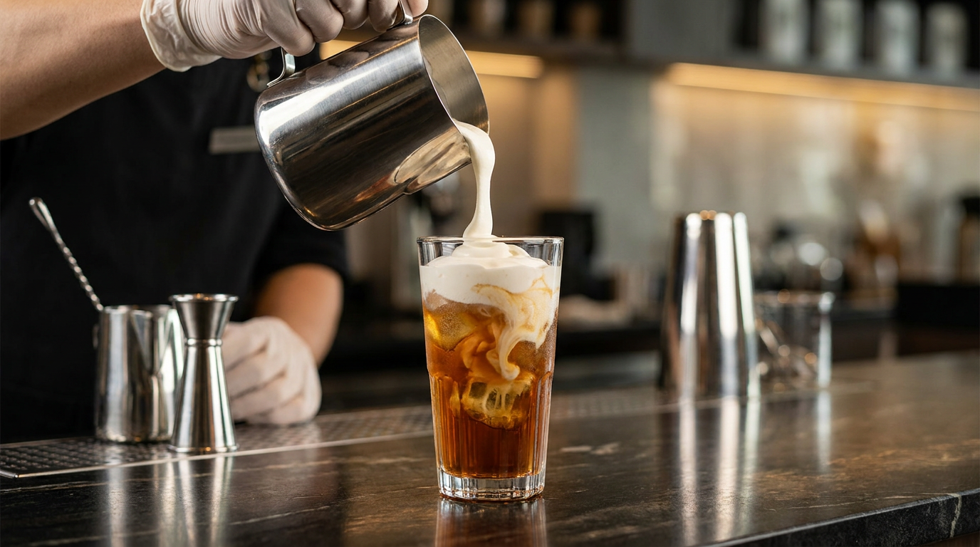 Ảnh chụp thao tác chuyên nghiệp của barista tại quầy bar: bàn tay khéo léo đang rót nước cốt trà hoặc phủ lớp kem béo mượt mà lên miệng ly xu hướng trà sữa healthy, các bước hoàn thiện ly đồ uống dưới 60 giây trong không gian quầy bar hiện đại, sạch sẽ, dụng cụ inox sáng bóng không in logo giả.