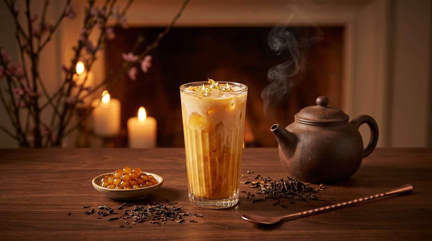 Ảnh phong cảnh thiên nhiên, quy trình ủ trà mộc mạc, thao tác quầy bar thực tế, ly đồ uống trang trí đẹp mắt, dụng cụ pha chế không in logo giả. Minh họa cho: 5. Công Thức Trà Sữa Lạc Hồng Hoàng Kim &amp; Kế Hoạch Bữa Ăn Sum Vầy Giao Thừa Tiếp Lửa