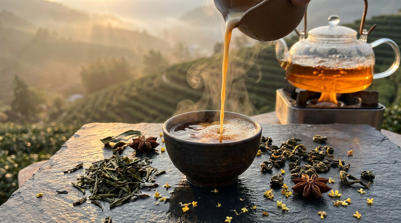 Ảnh phong cảnh thiên nhiên, quy trình ủ trà mộc mạc, dụng cụ pha chế không in logo giả. Minh họa cho: 2. Tầng hương đa chiều kiến tạo ly trà sữa chuẩn vị thượng lưu