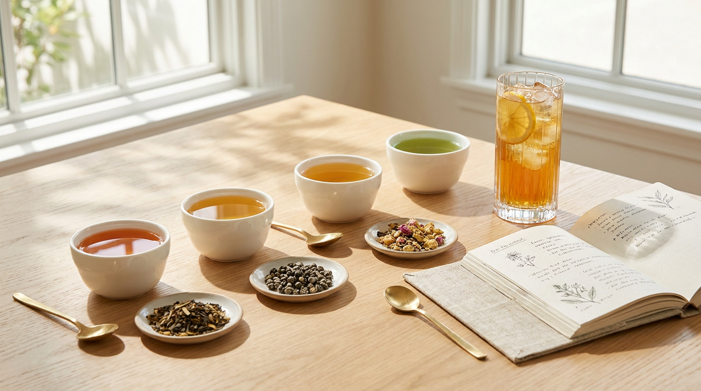 Không gian trải nghiệm thử nếm trà và tài liệu menu công thức F&B sang trọng