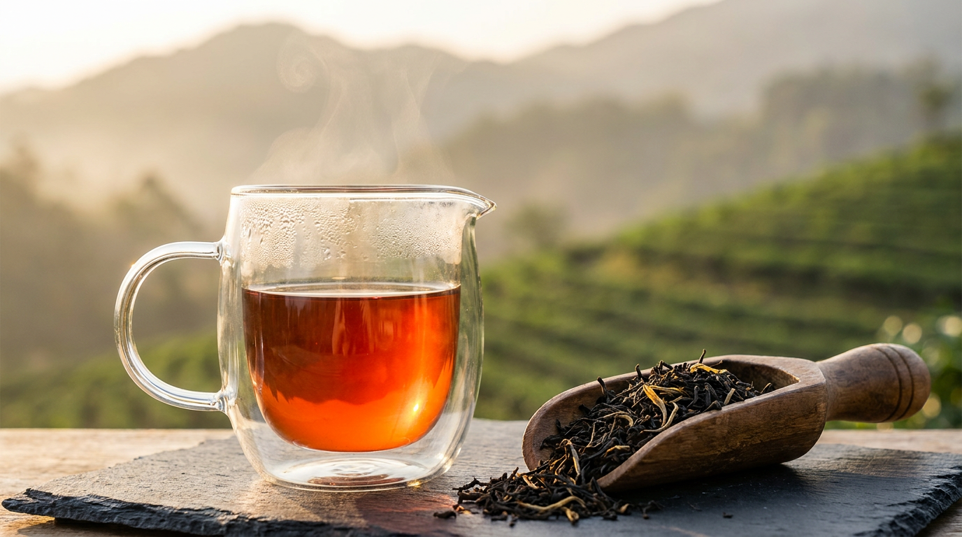 Pure black tea liquor extraction with translucent amber brilliance on tea mountain terrace